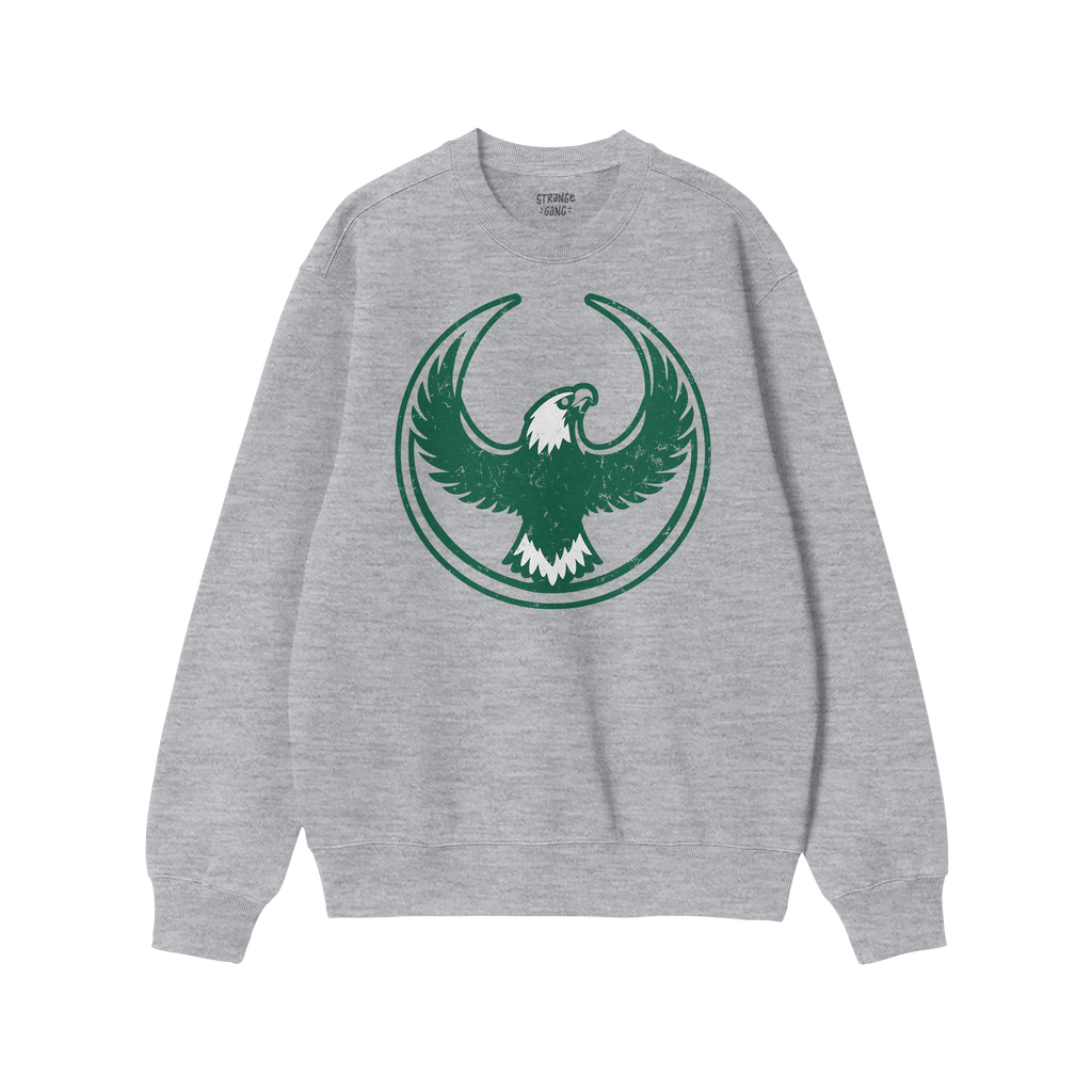 Light-gray crewneck sweatshirt featuring the Philly Rebel Alliance emblem: a bold, stylized eagle with outstretched wings enc