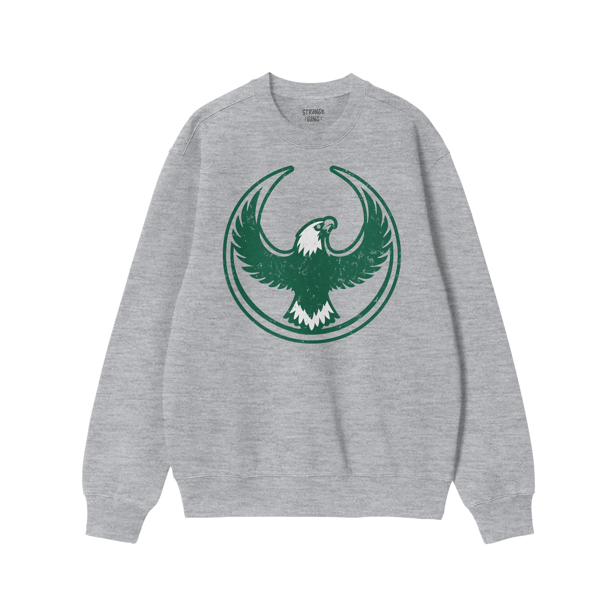 Light-gray crewneck sweatshirt featuring the Philly Rebel Alliance emblem: a bold, stylized eagle with outstretched wings enc
