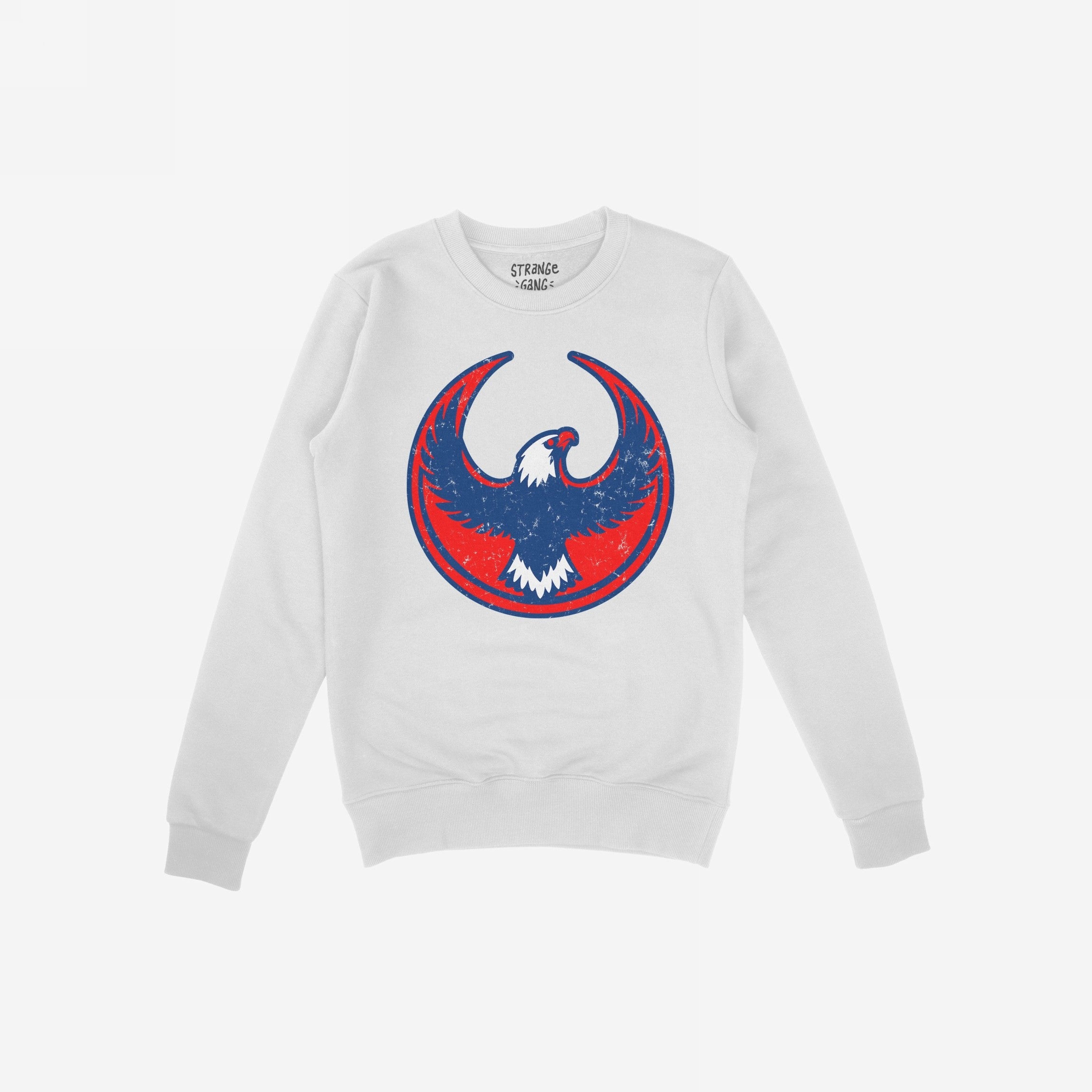 Philly Rebel Alliance Hoodie & Sweatshirt featuring a distressed eagle emblem in blue and red, symbolizing anti-fascist values. Perfect for layering in city weather, with a small label visible inside the collar.