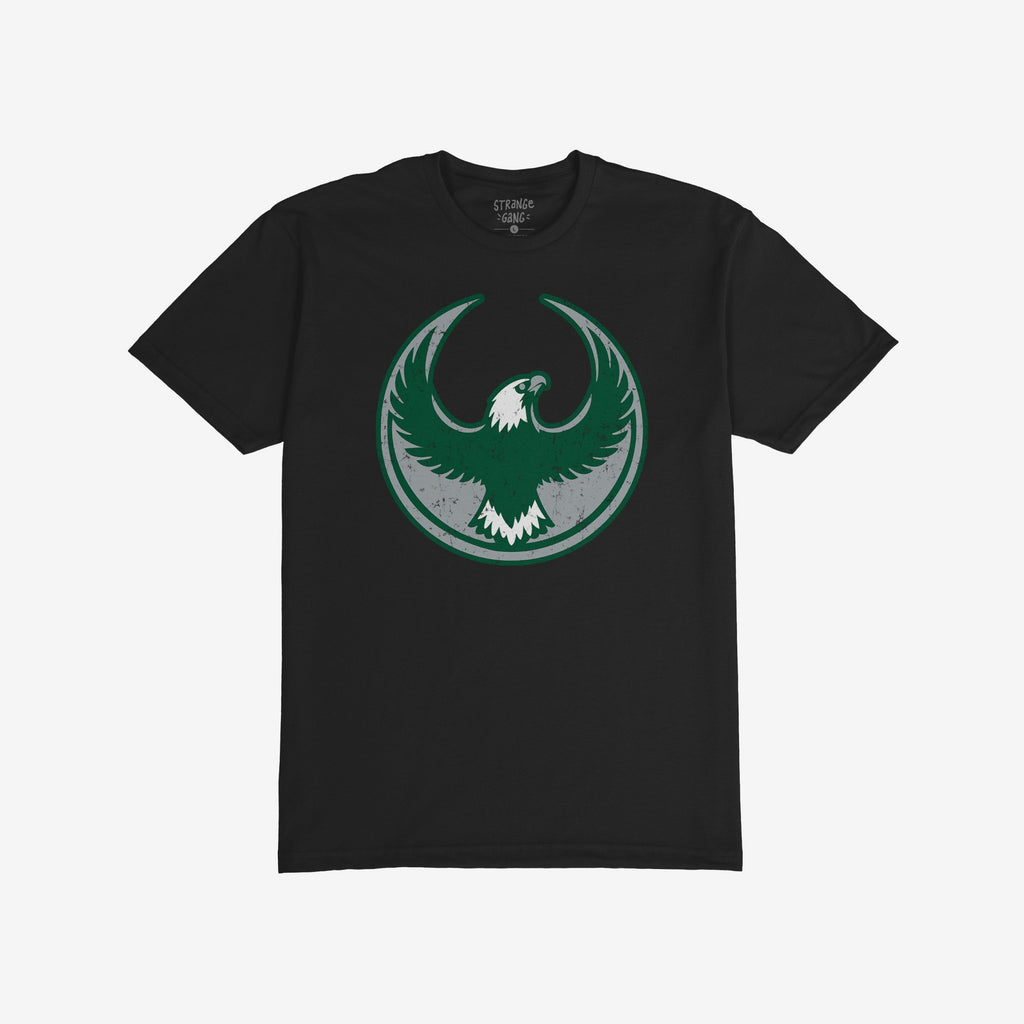 Philly Rebel Alliance T-shirt featuring a bold eagle graphic within a circular emblem on the front, embodying anti-fascist and immigrant rights themes, ideal for supporters of equality and activism.