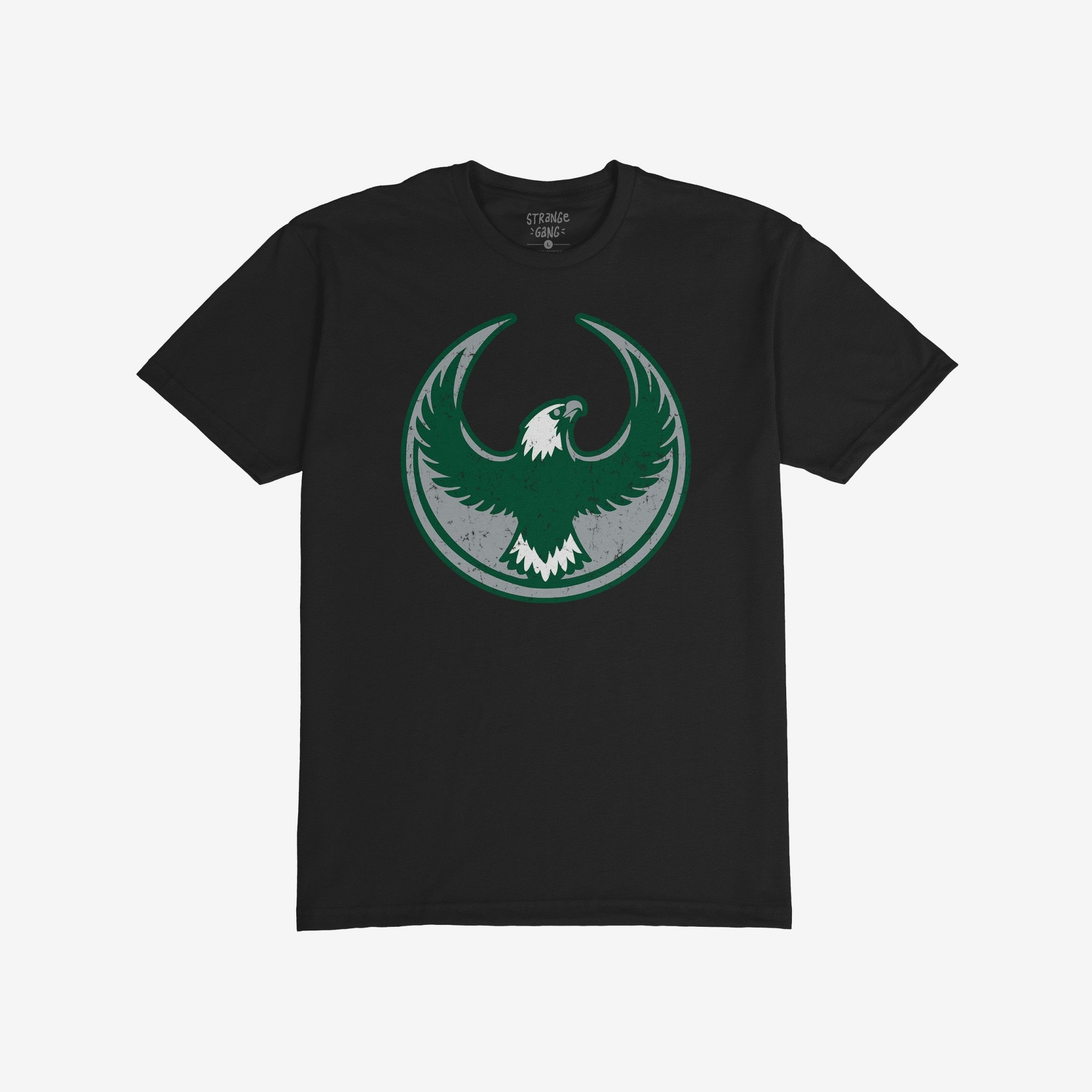 Philly Rebel Alliance T-shirt featuring a bold eagle graphic within a circular emblem on the front, embodying anti-fascist and immigrant rights themes, ideal for supporters of equality and activism.