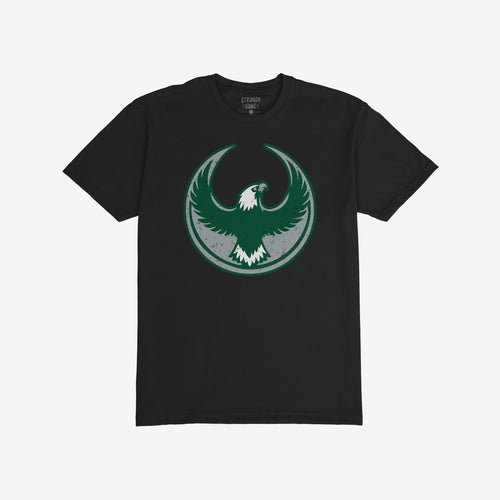 Philly Rebel Alliance T-shirt featuring a bold eagle graphic within a circular emblem on the front, embodying anti-fascist and immigrant rights themes, ideal for supporters of equality and activism.