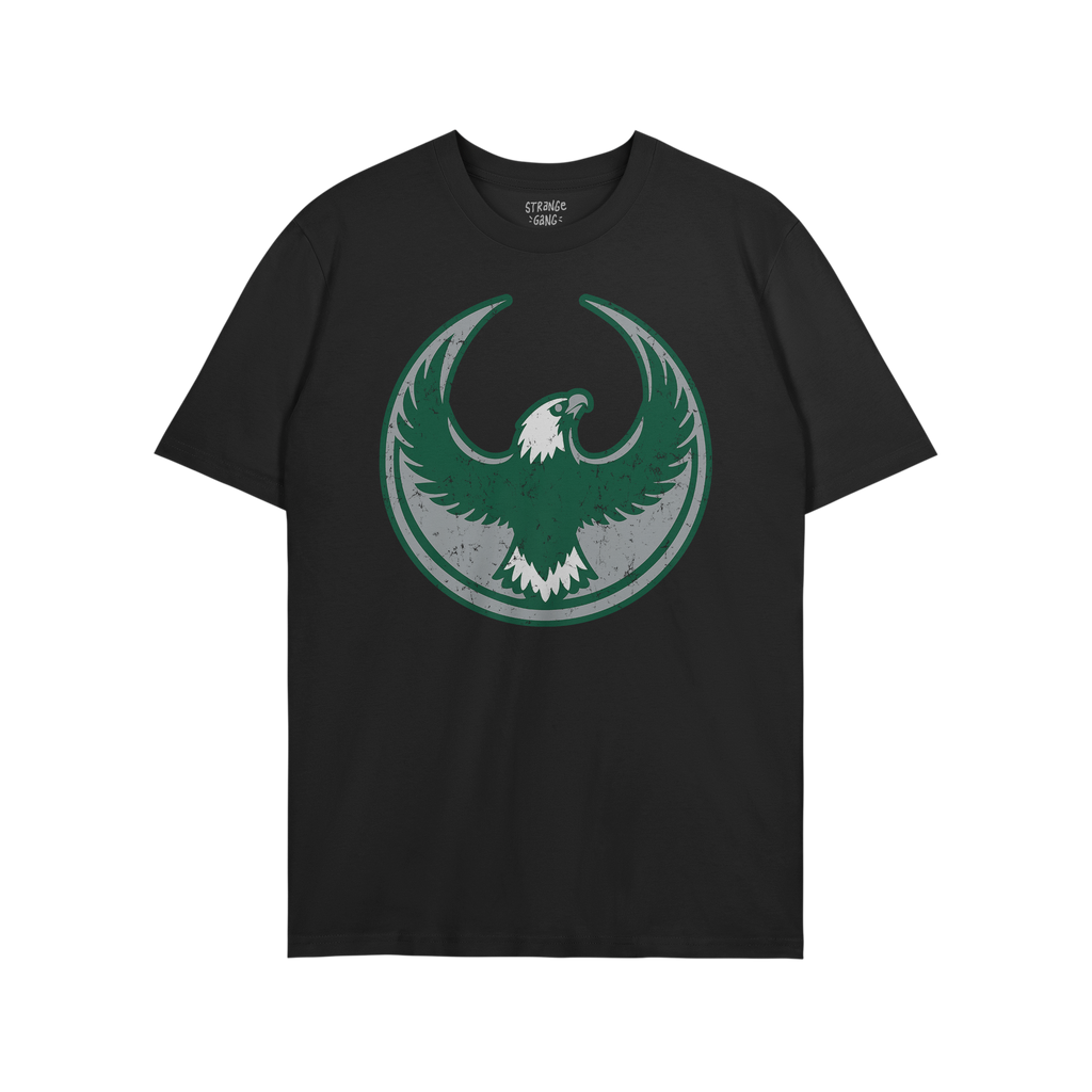Philly Rebel Alliance T-shirt featuring a bold eagle graphic within a circular emblem on the front, embodying anti-fascist an