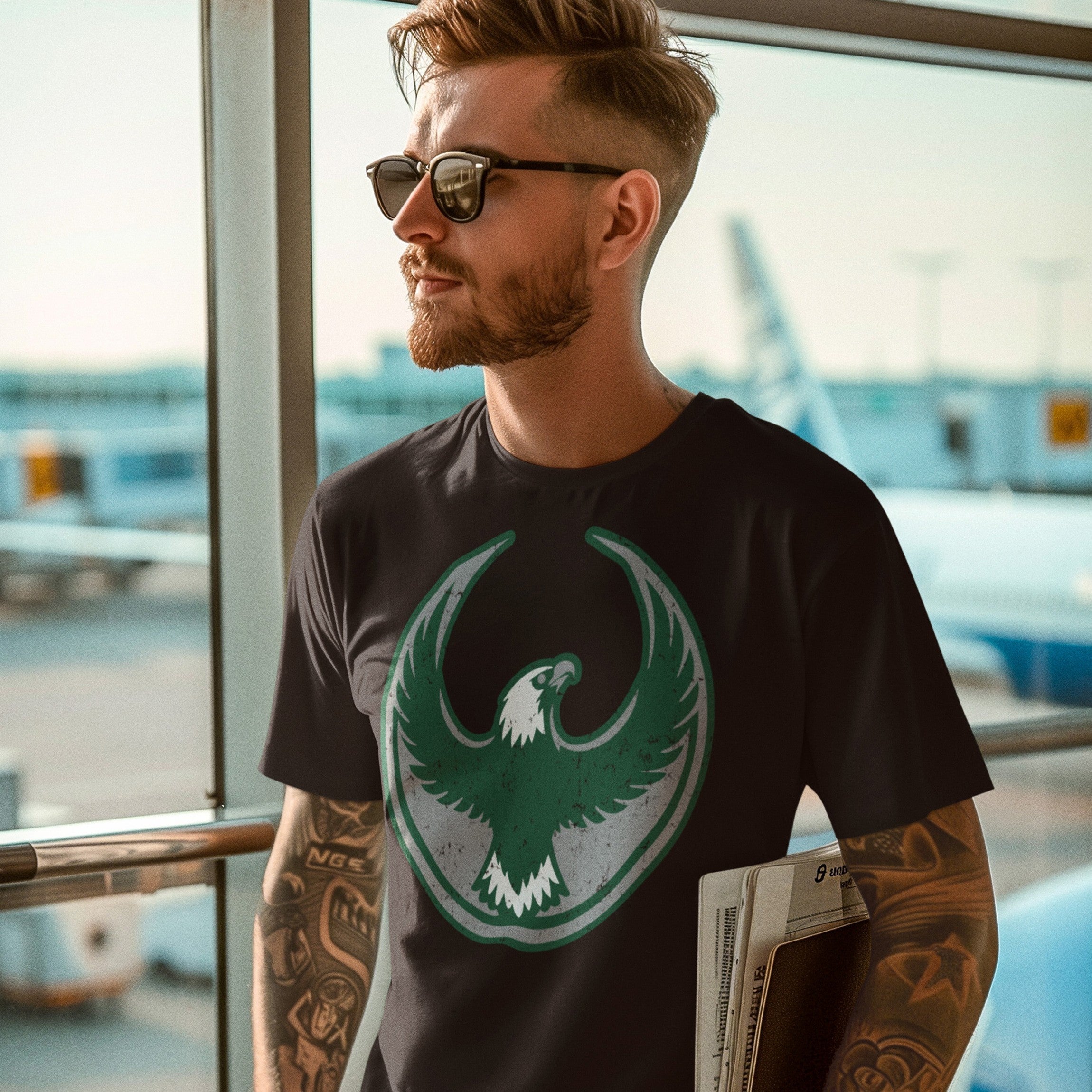 Man at airport wearing a Philly Rebel Alliance T-shirt with a bold eagle emblem, symbolizing anti-fascist protest. He's holding a newspaper, showcasing the shirt's message of standing for immigrant rights.