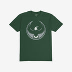 Forest-green Philly Rebel Alliance T-shirt with a distressed light-gray eagle emblem, symbolizing anti-fascist and immigrant rights activism, centered on the chest. Perfect for protest participation and equality advocacy.