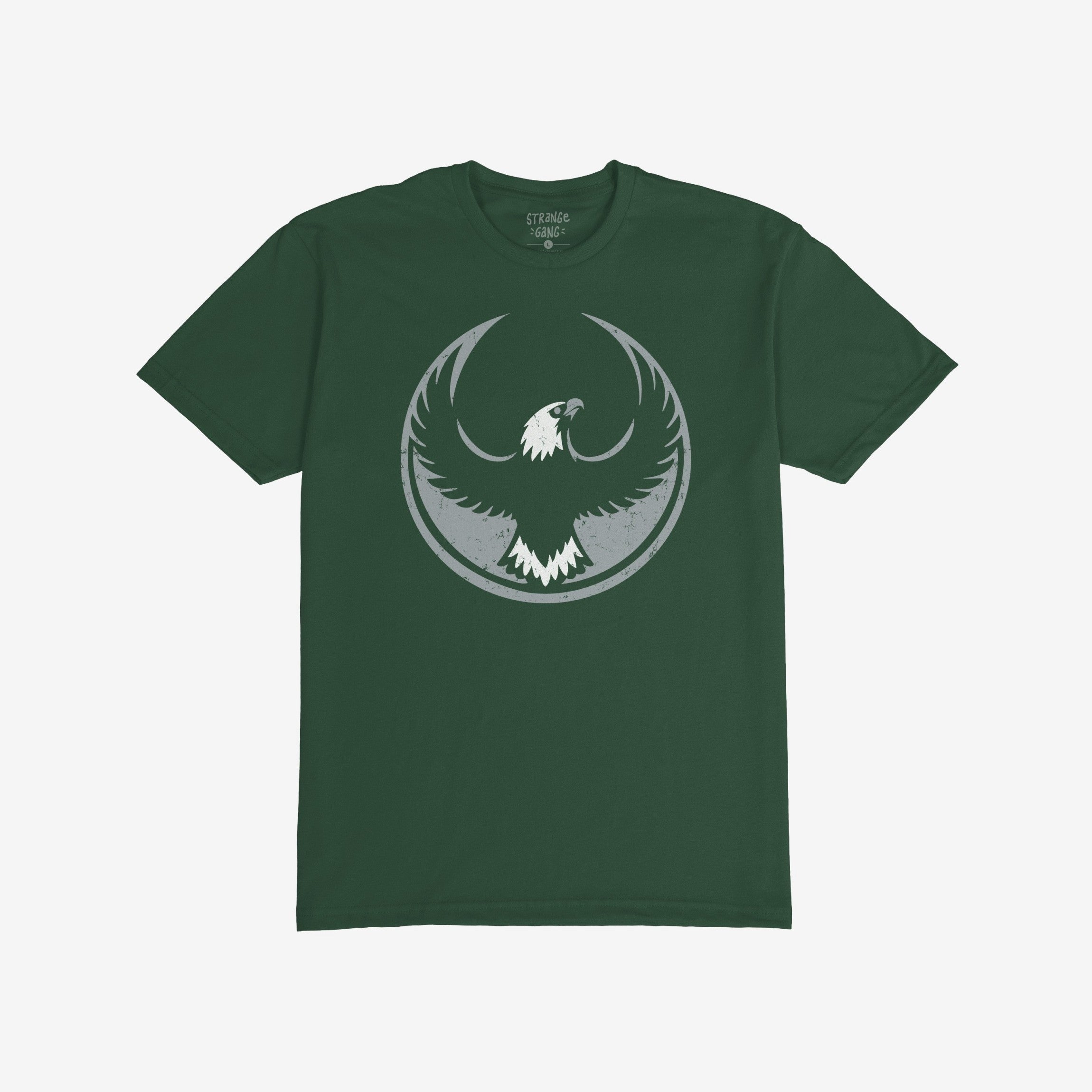 Forest-green Philly Rebel Alliance T-shirt with a distressed light-gray eagle emblem, symbolizing anti-fascist and immigrant rights activism, centered on the chest. Perfect for protest participation and equality advocacy.