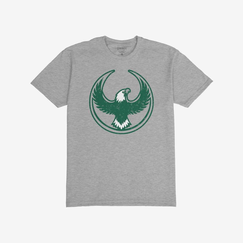 Heather-gray Philly Rebel Alliance T-shirt featuring a dark green stylized eagle with outstretched wings in a circular border, detailed with white accents, embodying anti-fascist and immigrant rights themes.