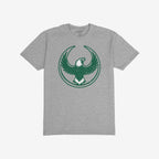 Heather-gray Philly Rebel Alliance T-shirt featuring a dark green stylized eagle with outstretched wings in a circular border, detailed with white accents, embodying anti-fascist and immigrant rights themes.