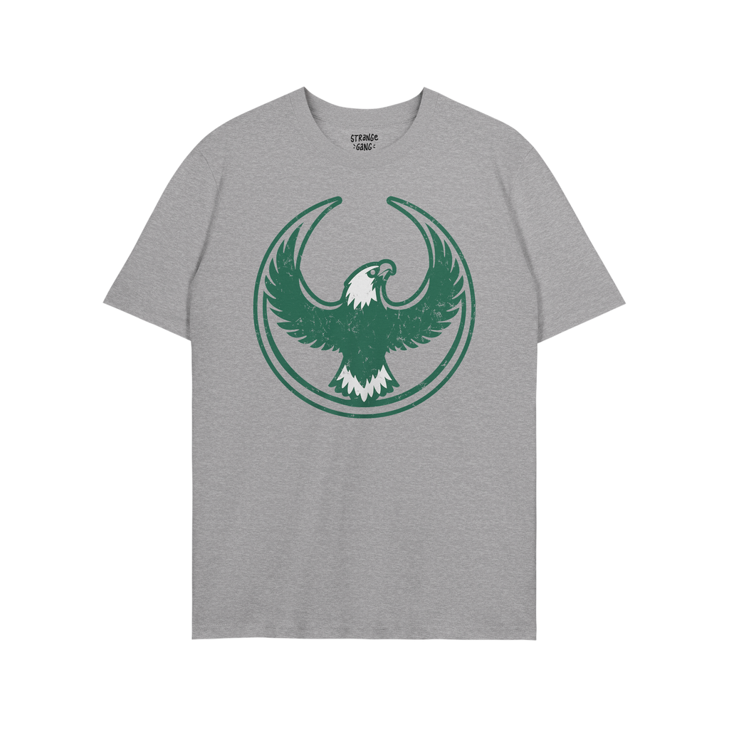 Heather-gray Philly Rebel Alliance T-shirt featuring a dark green stylized eagle with outstretched wings in a circular border