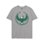 Heather-gray Philly Rebel Alliance T-shirt featuring a dark green stylized eagle with outstretched wings in a circular border