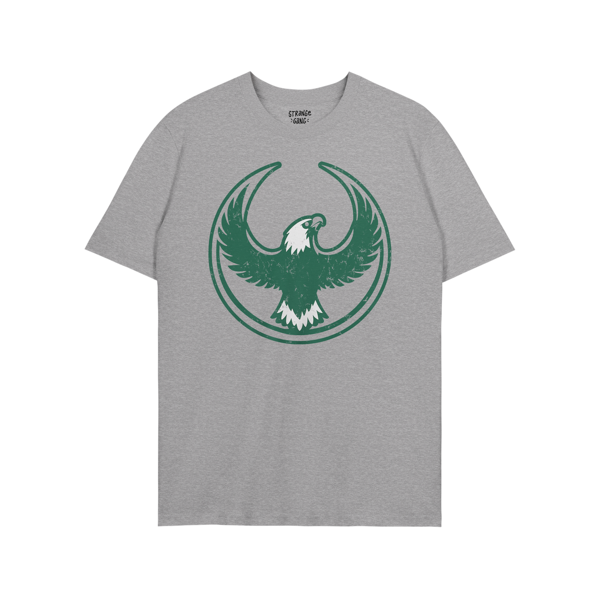 Heather-gray Philly Rebel Alliance T-shirt featuring a dark green stylized eagle with outstretched wings in a circular border