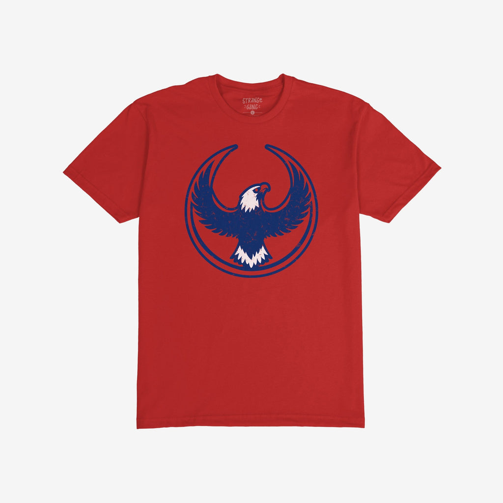 Philly Rebel Alliance T-shirt showcasing a vintage-style graphic of a stylized bald eagle within a circular outline on the front, symbolizing anti-fascist and immigrant rights activism.