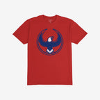 Philly Rebel Alliance T-shirt showcasing a vintage-style graphic of a stylized bald eagle within a circular outline on the front, symbolizing anti-fascist and immigrant rights activism.