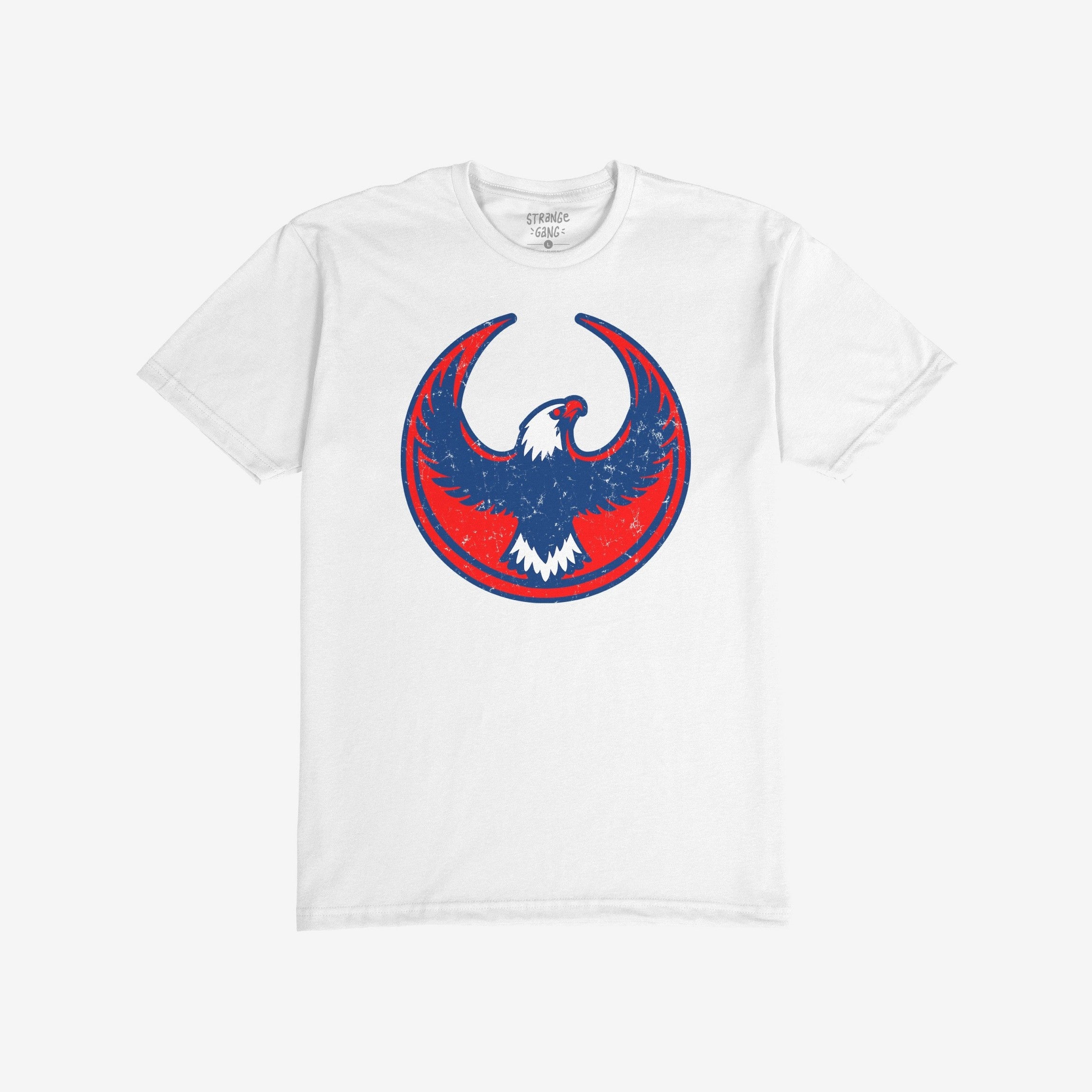 Philly Rebel Alliance T-shirt featuring a stylized eagle graphic on the chest, symbolizing the fight for immigrant rights and equality. The circular emblem is showcased against a plain white background.