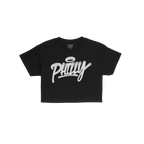 Philadelphia Handstyle Women's Baby Tee featuring bold, white 'Philly' graffiti script with a halo over the 'i', laid flat on
