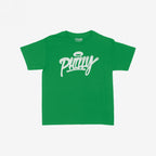 Philadelphia Handstyle Women's Baby Tee in bright green, featuring bold white graffiti-style PHILLY script with a halo, laid flat. Showcasing the brand STRANGE ALLIES inside the neckline.