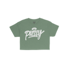 Philadelphia Handstyle Women's Baby Tee in bright green, featuring bold white graffiti-style PHILLY script with a halo, laid 