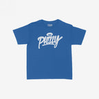 Philadelphia Handstyle Women's Baby Tee features a bold, graffiti-style Philly script with a halo motif on a royal-blue fabric, embodying vibrant city pride and the store's commitment to equality and expression.