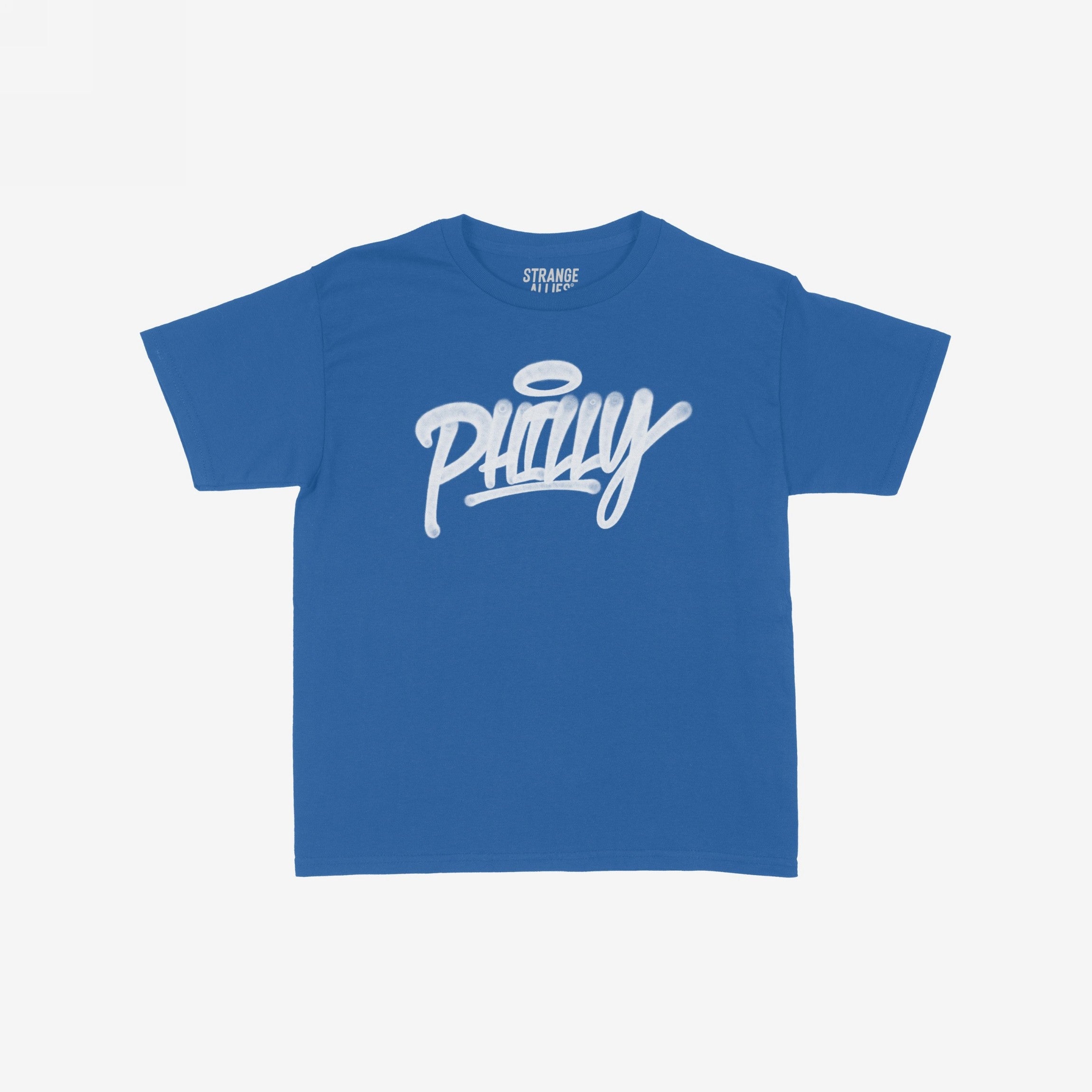 Philadelphia Handstyle Women's Baby Tee features a bold, graffiti-style Philly script with a halo motif on a royal-blue fabric, embodying vibrant city pride and the store's commitment to equality and expression.