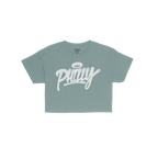 Philadelphia Handstyle Women's Baby Tee features a bold, graffiti-style Philly script with a halo motif on a royal-blue fabri