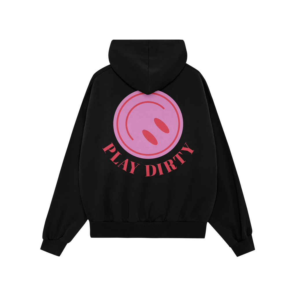 Back view of the Play Dirty Hoodie featuring a bold pink circular graphic with teardrop shapes and PLAY DIRTY slogan, embodyi