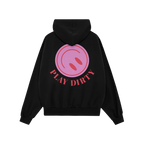 Back view of the Play Dirty Hoodie featuring a bold pink circular graphic with teardrop shapes and PLAY DIRTY slogan, embodyi
