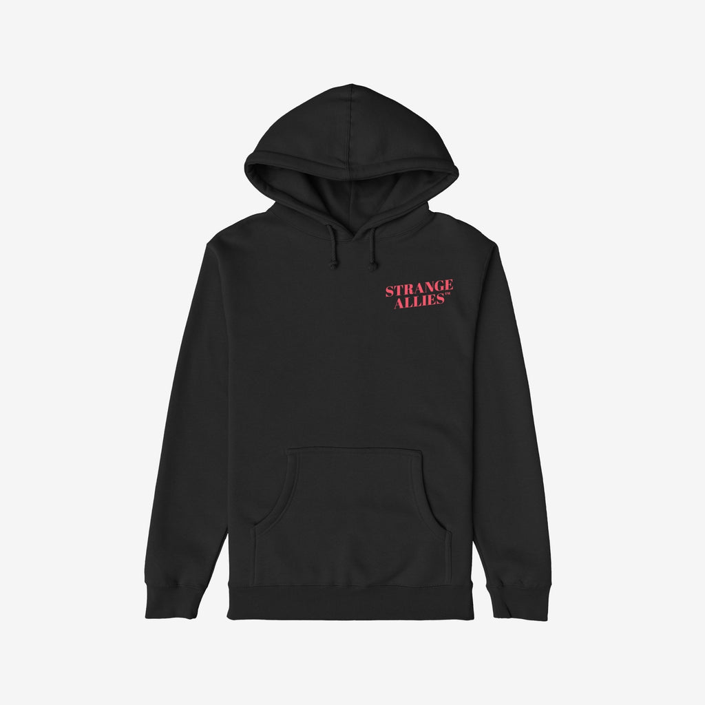 Play Dirty Hoodie features 'STRANGE ALLIES™' on the chest, a black pullover design with kangaroo pocket and drawstring hood, embodying playful rebellion and subversive style.