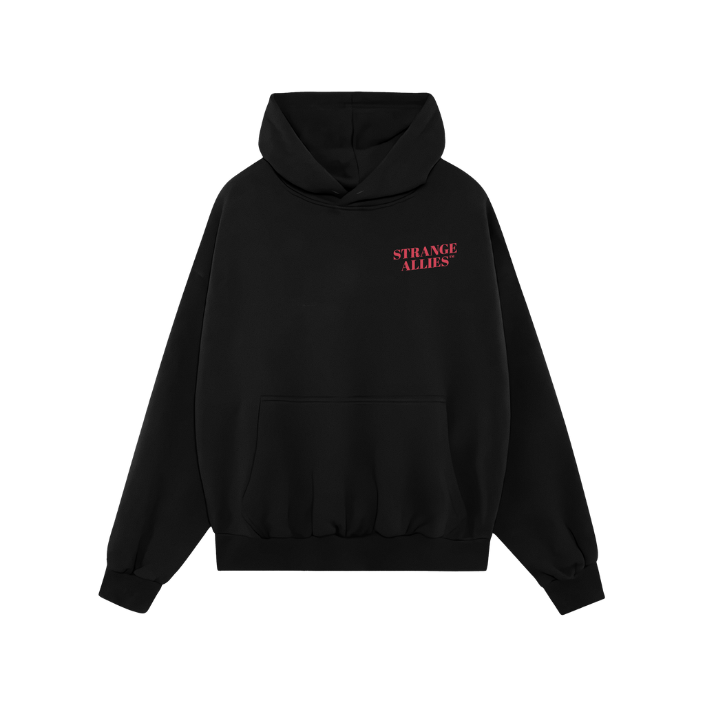 Play Dirty Hoodie features 'STRANGE ALLIES™' on the chest, a black pullover design with kangaroo pocket and drawstring hood