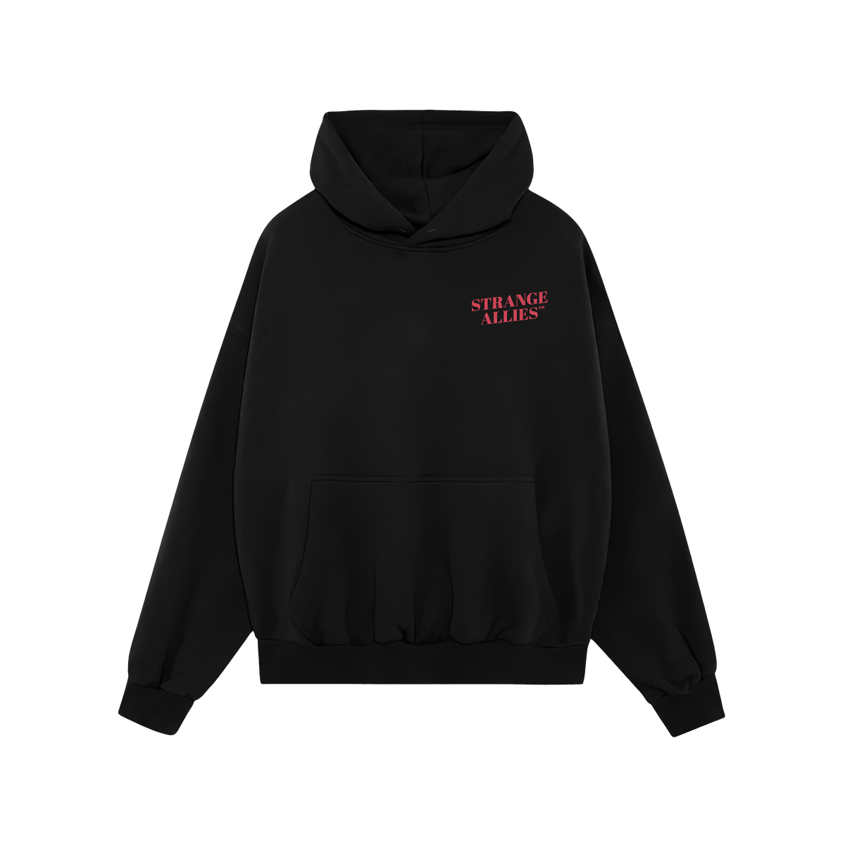 Play Dirty Hoodie features 'STRANGE ALLIES™' on the chest, a black pullover design with kangaroo pocket and drawstring hood