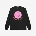 Black long-sleeve Play Dirty T-shirt featuring a bold pink graphic with two ovals and the slogan “PLAY DIRTY,” capturing a playful, rebellious spirit. Brand name “STRANGE ALLIES” visible inside the neckline.