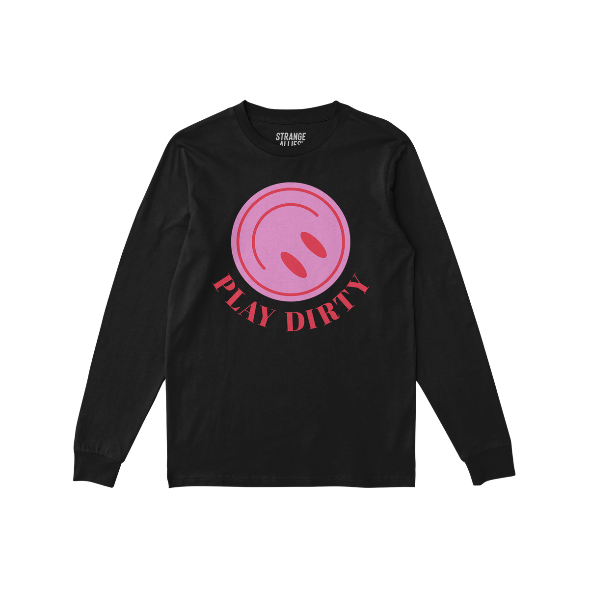 Black long-sleeve Play Dirty T-shirt featuring a bold pink graphic with two ovals and the slogan “PLAY DIRTY,” capturing 