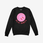Black Play Dirty crewneck sweatshirt with a pink emblem and bold phrase, PLAY DIRTY, featuring ribbed cuffs and hem. Branded by ALLIES, it complements a rebellious, subversive style.