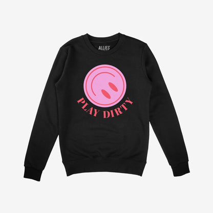 Black Play Dirty crewneck sweatshirt with a pink emblem and bold phrase, PLAY DIRTY, featuring ribbed cuffs and hem. Branded by ALLIES, it complements a rebellious, subversive style.