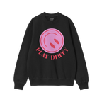 Black Play Dirty crewneck sweatshirt with a pink emblem and bold phrase, PLAY DIRTY, featuring ribbed cuffs and hem. Branded 