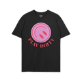 Black T-shirt with “PLAY DIRTY” in bold red letters below a pink circle graphic, embodying playful rebellion from the bra