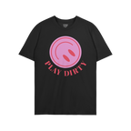 Black T-shirt with “PLAY DIRTY” in bold red letters below a pink circle graphic, embodying playful rebellion from the bra