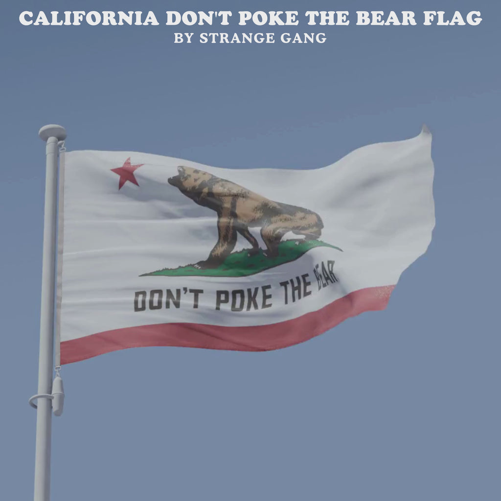 Fabric California bear flag flapping in wind with Don’t Poke The Bear slogan, bold anti-fascist visual in real-world setting