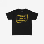 Proud Child Of Immigrants Women's Baby Tee featuring bold yellow stencil-style text, celebrating cultural heritage and identity, displayed flat.
