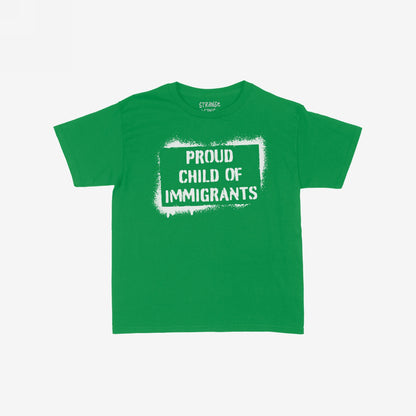 Proud Child Of Immigrants Women's Baby Tee featuring bold white stencil-style lettering in a rectangular frame, celebrating heritage and resilience with a versatile Y2K-inspired fit.