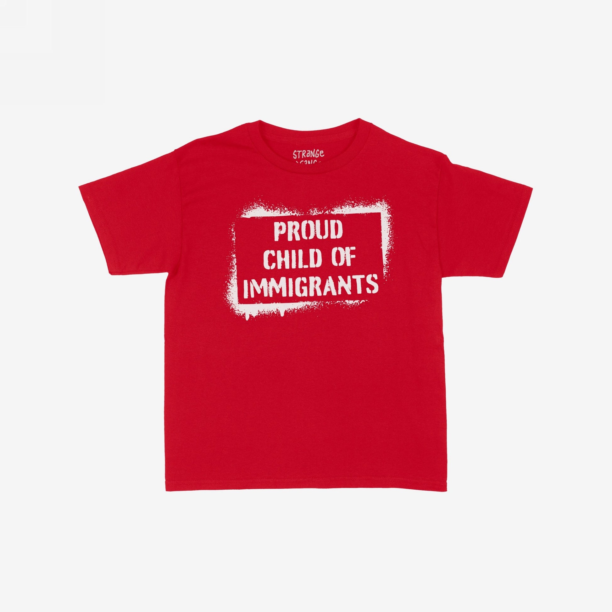 Proud Child Of Immigrants Women's Baby Tee features a white stencil-style graphic with empowering text inside a spray-painted rectangle, symbolizing cultural pride and belonging. Perfect for expressing identity and heritage.
