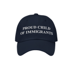 Proud Child of Immigrants Hat features white embroidered lettering, symbolizing identity and heritage, perfect for those hono