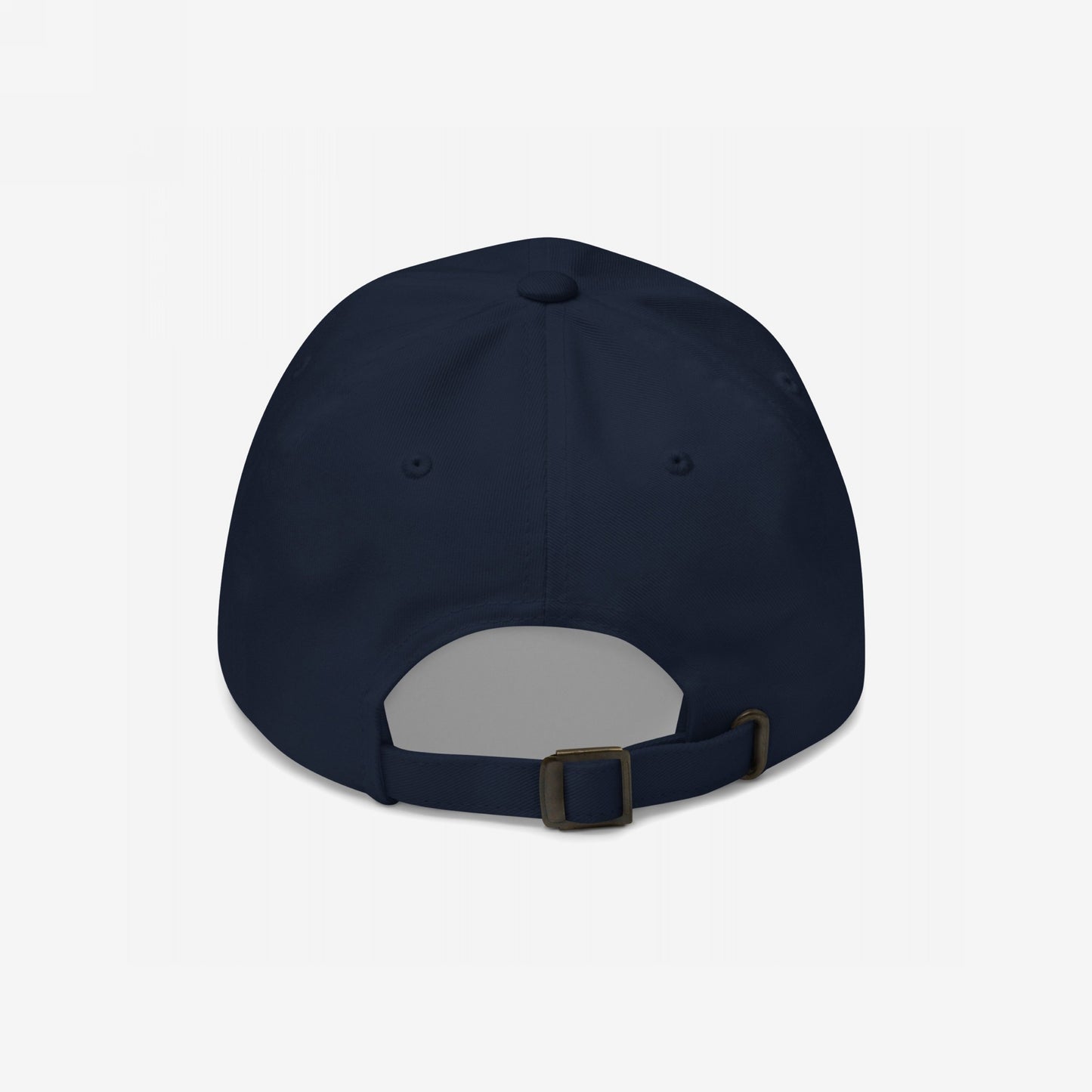 Back view of the Proud Child Of Immigrants Hat, a navy-blue baseball cap with adjustable strap and metal buckle, representing identity and resilience through minimalist design.