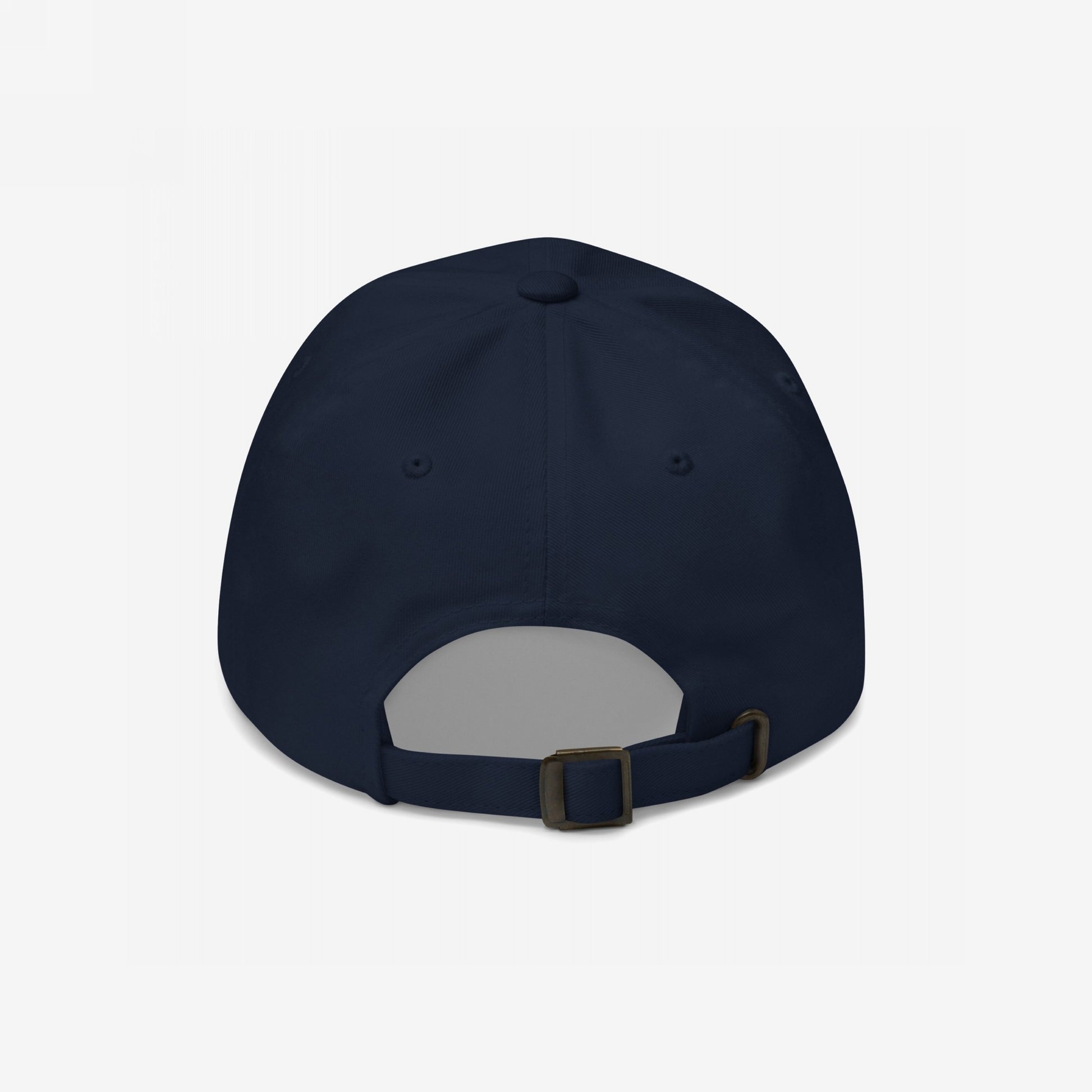 Back view of the Proud Child Of Immigrants Hat, a navy-blue baseball cap with adjustable strap and metal buckle, representing identity and resilience through minimalist design.