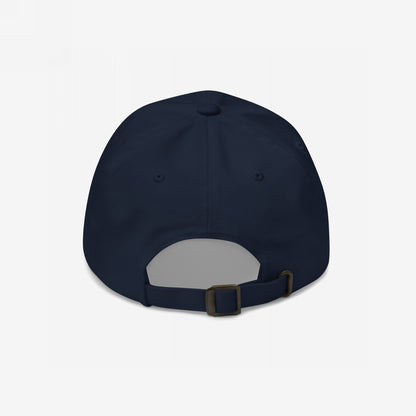 Back view of the Proud Child Of Immigrants Hat, a navy-blue baseball cap with adjustable strap and metal buckle, representing identity and resilience through minimalist design.
