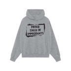 Proud Child Of Immigrants Hoodie with a bold black stencil graphic, featuring a kangaroo pocket, symbolizing heritage and com