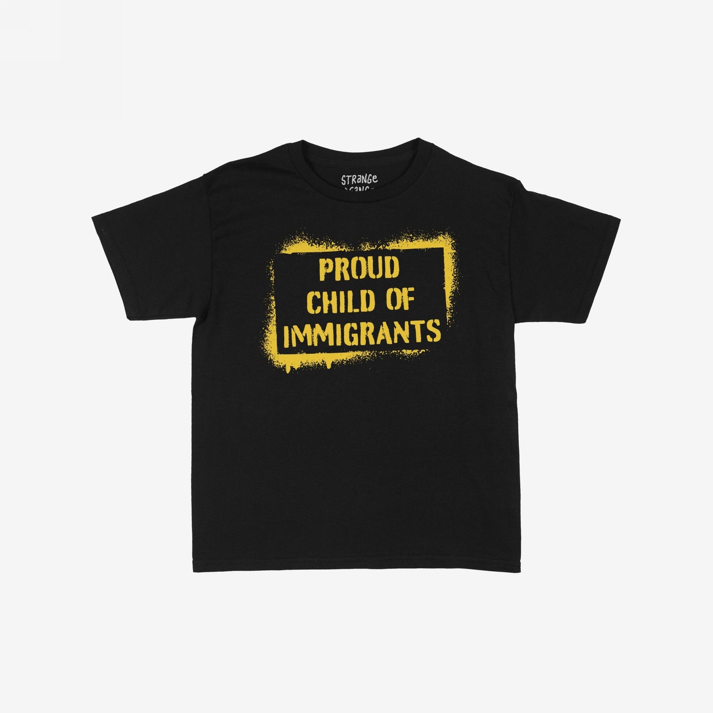 Black short-sleeve Proud Child of Immigrants T-shirt with a bold yellow stencil-style print, celebrating multicultural heritage and individual stories, embodying a message of pride, belonging, and cultural diversity.