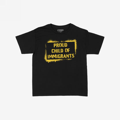 Black short-sleeve Proud Child of Immigrants T-shirt with a bold yellow stencil-style print, celebrating multicultural heritage and individual stories, embodying a message of pride, belonging, and cultural diversity.