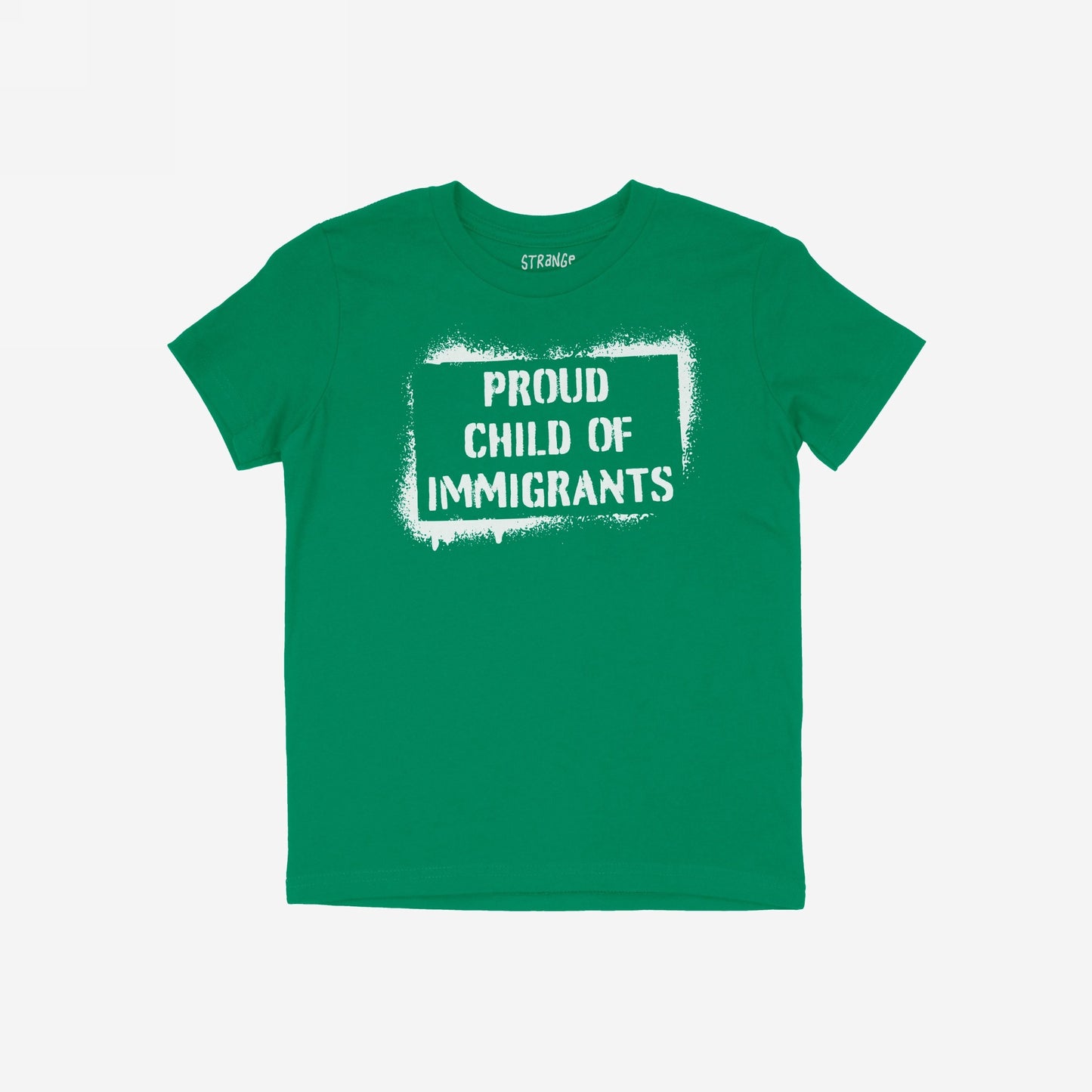 The Proud Child Of Immigrants T-shirt features bold white stencil lettering across the chest, celebrating resilience and legacy. Laid flat, it represents defiance and pride against oppressive systems.