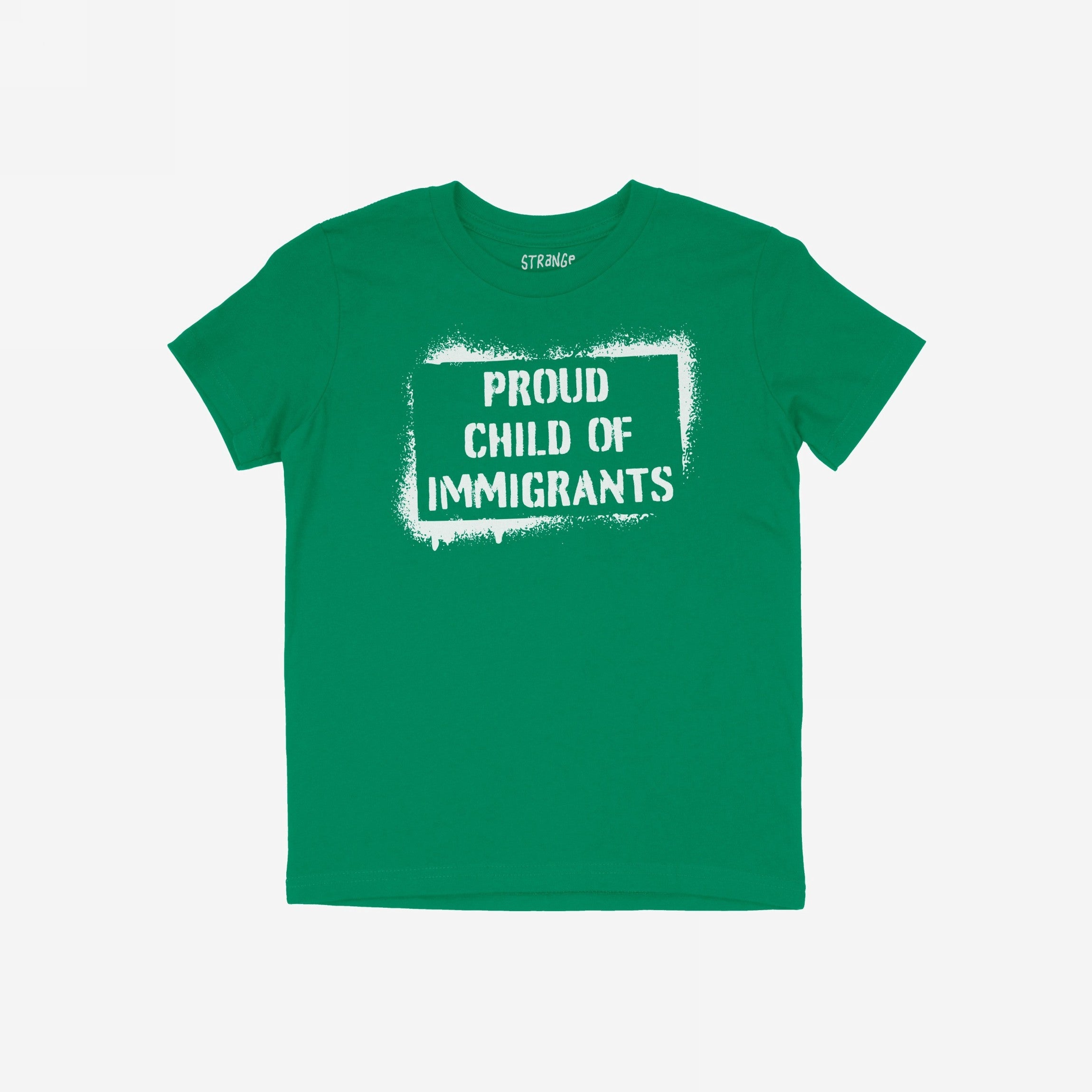 The Proud Child Of Immigrants T-shirt features bold white stencil lettering across the chest, celebrating resilience and legacy. Laid flat, it represents defiance and pride against oppressive systems.