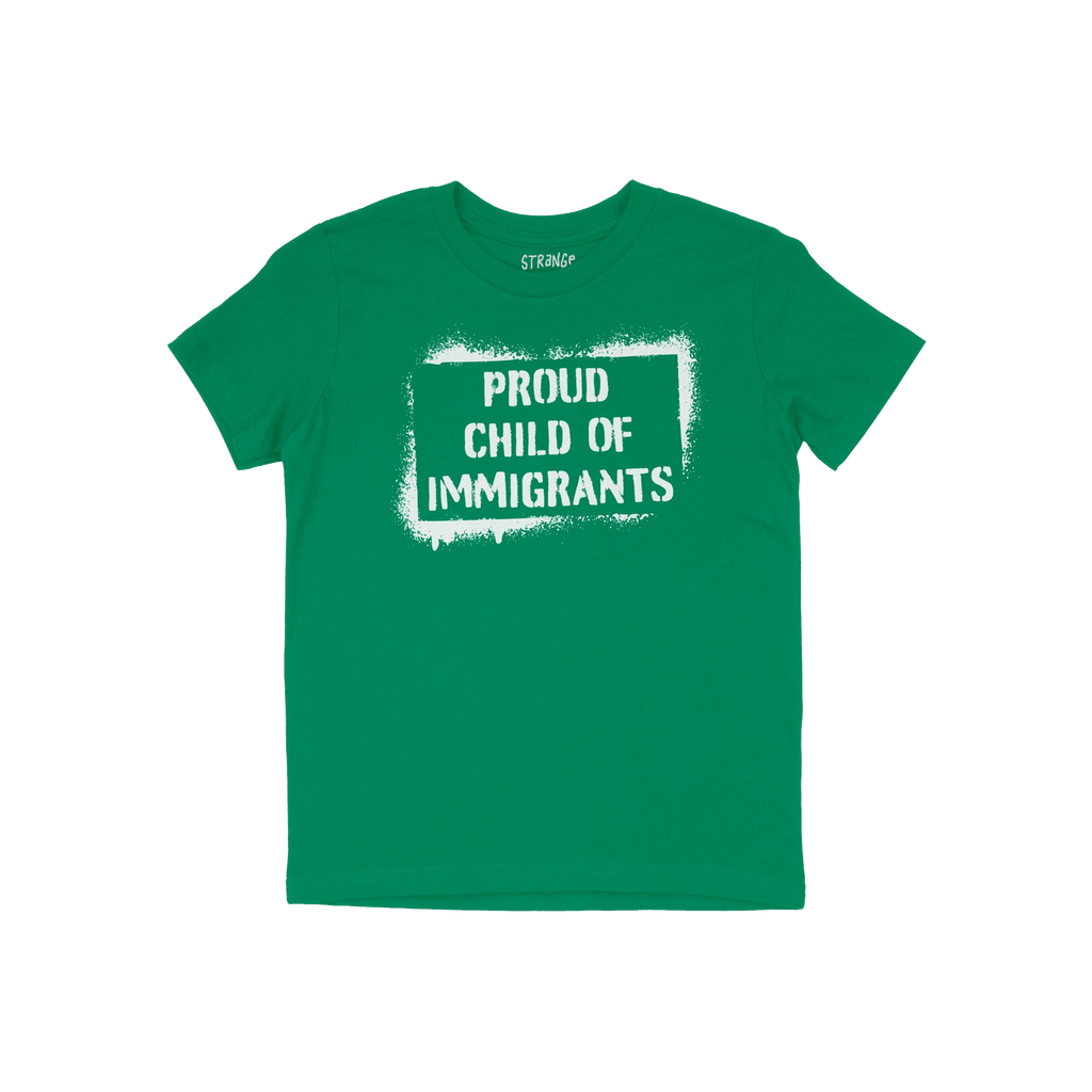 The Proud Child Of Immigrants T-shirt features bold white stencil lettering across the chest, celebrating resilience and lega
